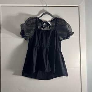 Pomander Place Black Mesh Puff Sleeve Babydoll Top